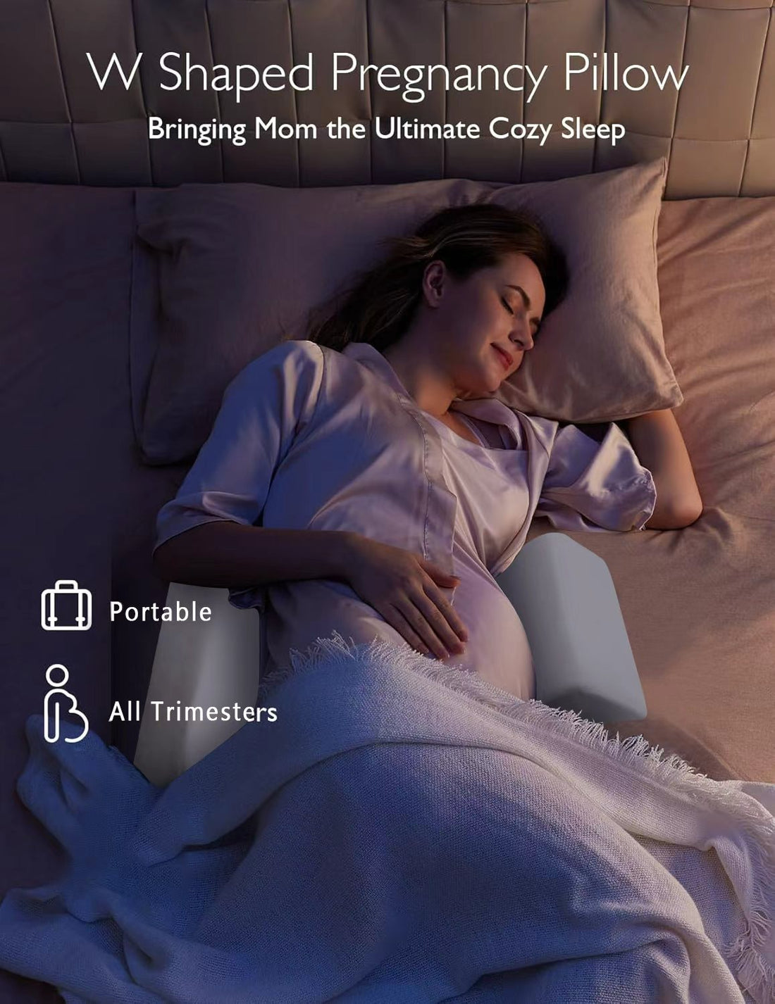 Portable Pregnancy Pillow – W Shaped Maternity Support for Side Sleepers, Adjustable Travel Wedge Pillow for Back, Belly, and Hip Relief, Ideal for Pregnant Women, White